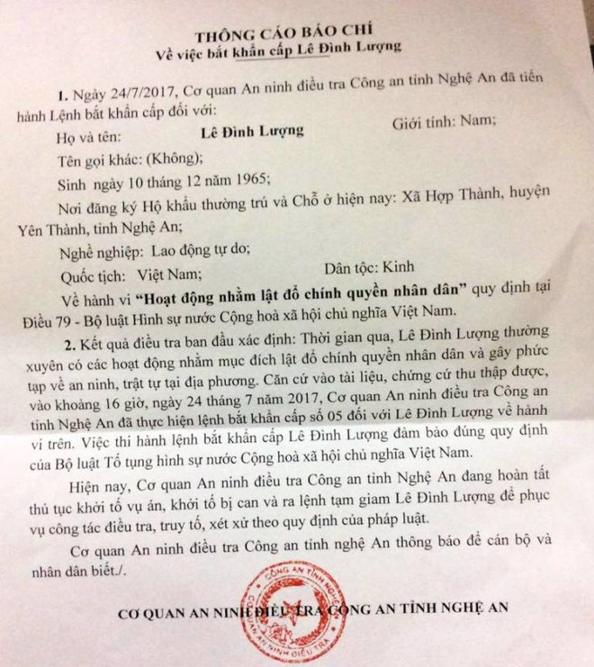 Nghệ An: Bắt khẩn cấp đối tượng Lê Đình Lượng vì hoạt động lật đổ chính quyền - Ảnh 1.