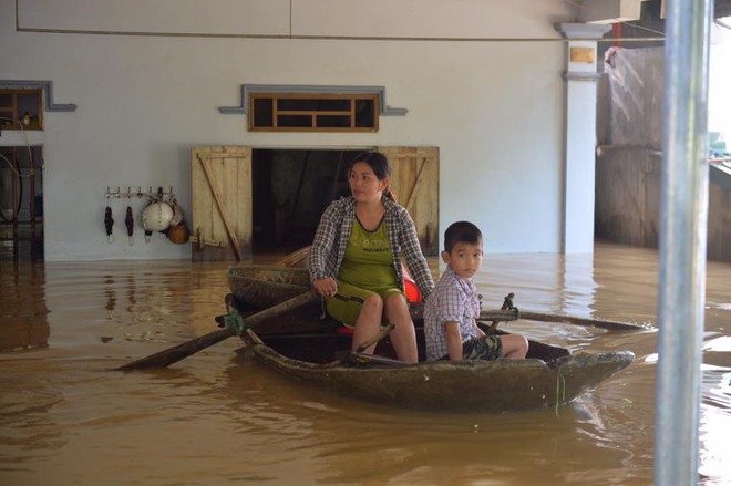 Chùm ảnh: Nhà ngập sâu đến ngang cửa, người dân Ninh Bình dùng chậu nhôm, ghế gỗ chèo thuyền đi lại trong ngõ - Ảnh 4.