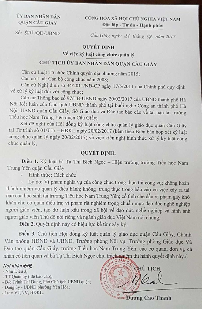 Công bố quyết định cách chức hiệu trưởng trường Nam Trung Yên - Ảnh 2.