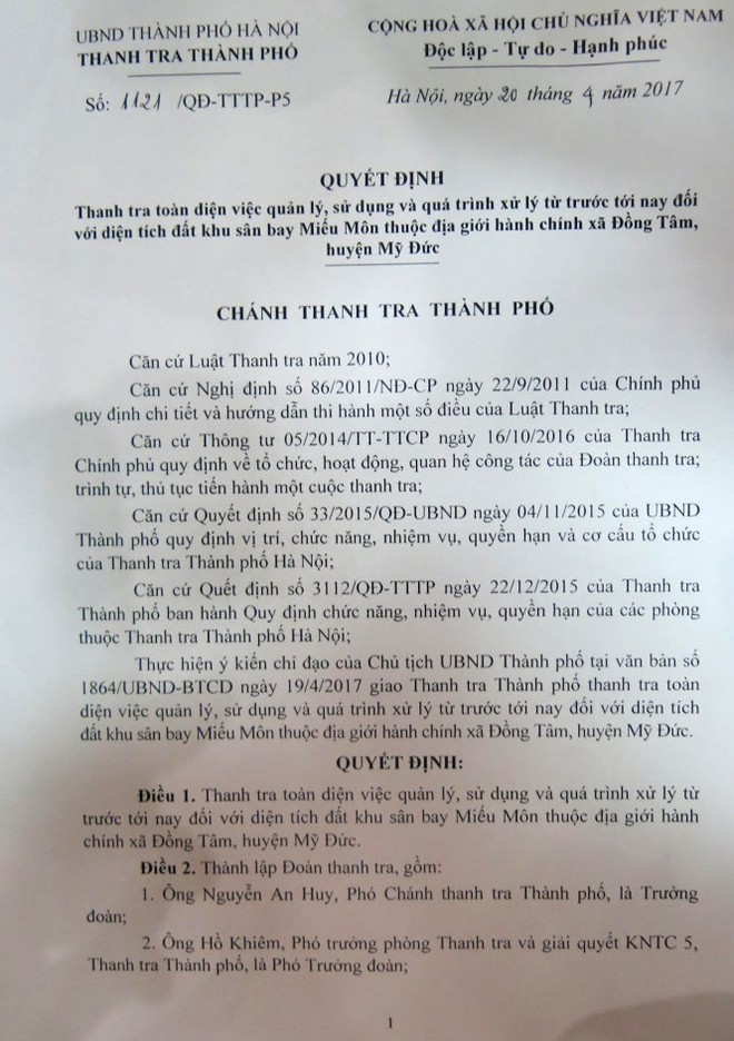 Thanh tra toàn bộ quá trình quản lý đất đai tại Đồng Tâm - Ảnh 1.