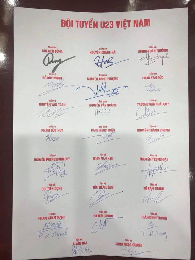 Loạt chữ ký của U23 Việt Nam khiến dân mạng bàn tán sôi nổi - Ảnh 1.