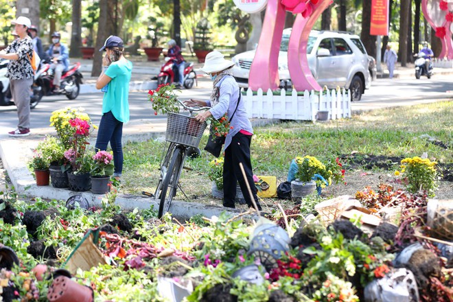 Bế mạc hội hoa xuân Tao Đàn, người dân mót lại hoa sắp cho vào xe rác - Ảnh 1.