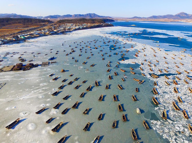 24h qua ảnh: Đoàn thuyền đánh cá mắc kẹt trên mặt nước đóng băng ở Trung Quốc - Ảnh 2.
