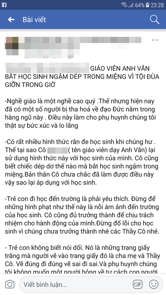 Nghi vấn giáo viên tiếng Anh bắt học sinh ngậm dép vì đùa giỡn trong giờ học - Ảnh 1.