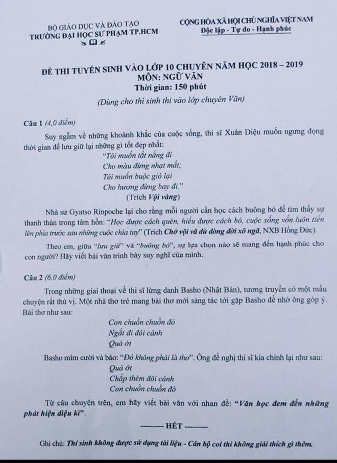 Đề thi văn lớp 10 ở TP.HCM bất ngờ nhắc đến Xuân Diệu và một nhà sư - Ảnh 1.