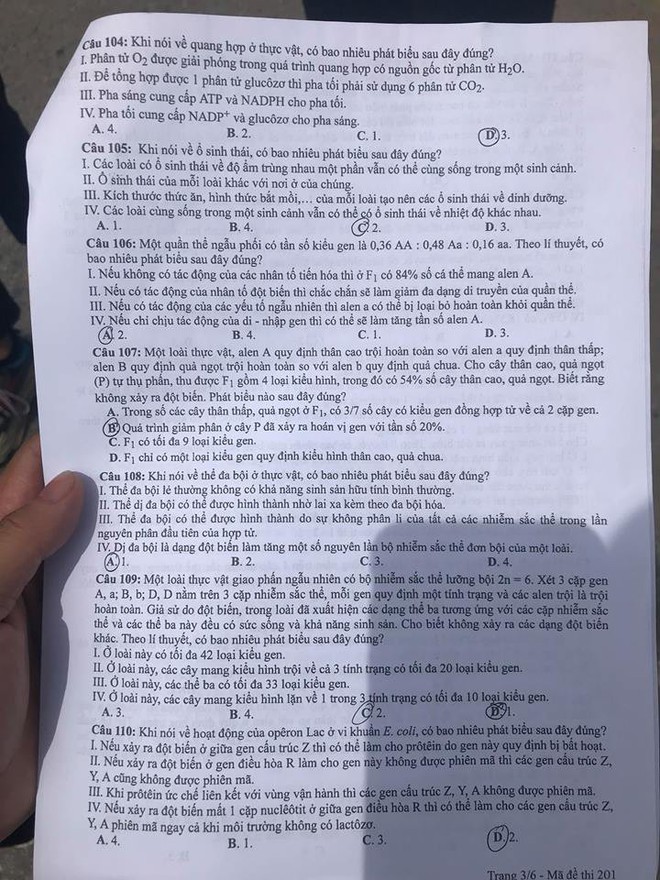 Gợi ý đáp án môn Sinh học tất cả mã đề thi THPT Quốc gia 2018 - Ảnh 8.