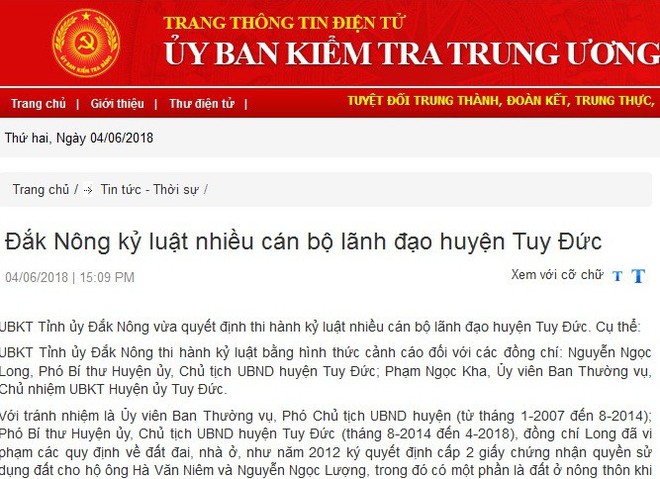 Cảnh cáo Chủ tịch, Chủ nhiệm UBKT Tuy Đức, Đắk Nông - Ảnh 1.