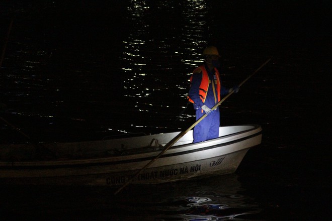 Công nhân thức trắng đêm chèo thuyền vớt cá chết ở Hồ Tây - Ảnh 3.