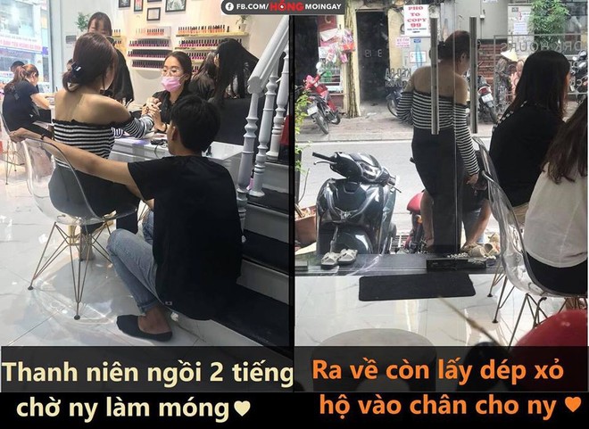 Thanh niên ngồi chờ người yêu làm móng 2 tiếng, khi ra về còn cúi người, xỏ dép hộ - Ảnh 1.