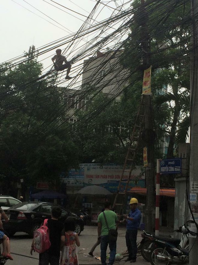 Hà Nội: Thanh niên tóc vàng trèo lên sửa điện, bà con xóm phố và cư dân mạng lại cứ tưởng ngáo đá - Ảnh 1.