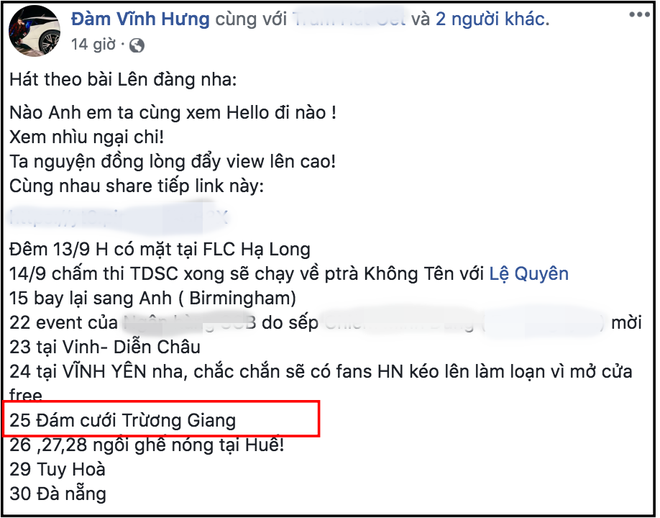 Đăng lịch diễn tháng 9, Đàm Vĩnh Hưng vô tình hé lộ luôn ngày cưới chính xác của Nhã Phương - Trường Giang - Ảnh 1.