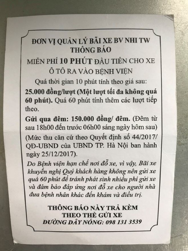 Gửi ô tô 3 ngày hết 1,7 triệu đồng: Bệnh viện Nhi Trung ương không trực tiếp thu - Ảnh 2.