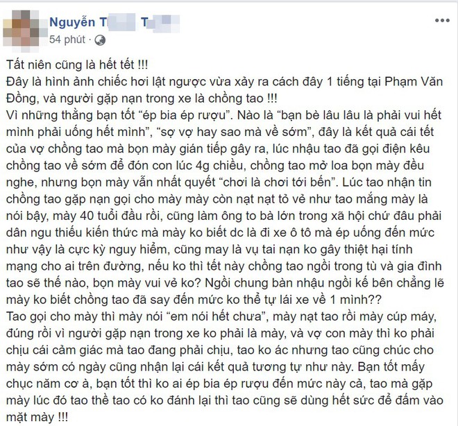 Chồng say lái ô tô gặp nạn, vợ chỉ trích bạn nhậu: Nếu Tết này chồng tao ngồi tù thì gia đình tao sẽ thế nào? - Ảnh 2.