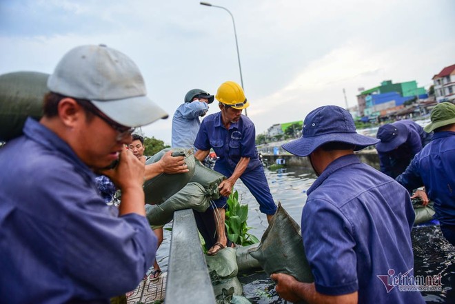 Hàng trăm người Sài Gòn oằn lưng gia cố bờ bao vỡ do triều cường - Ảnh 2.