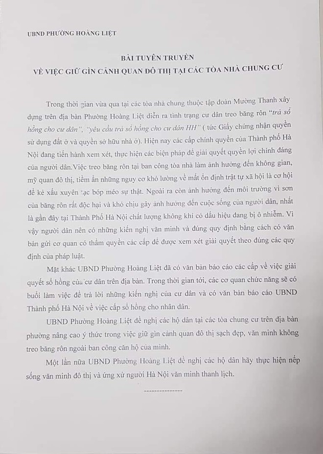 Phường Hoàng Liệt nói không soạn văn bản phát ở loa chung cư Linh Đàm liên quan căng băng rôn đòi sổ hồng  - Ảnh 2.