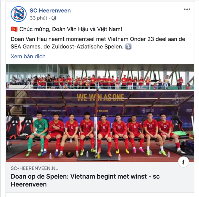 U22 Việt Nam đại thắng, SC Heerenveen chúc mừng Văn Hậu - Ảnh 1.