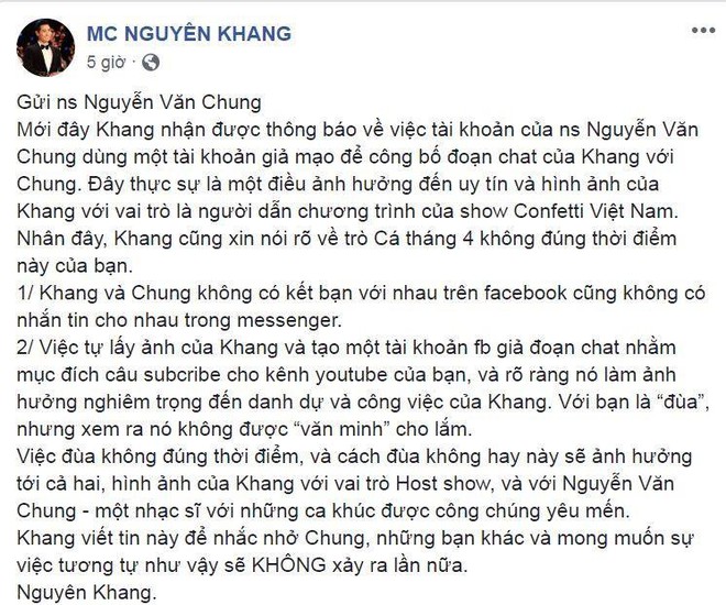 MC Nguyên Khang bức xúc vì bị nhạc sĩ Nguyễn Văn Chung mạo danh, gây ảnh hưởng uy tín  - Ảnh 5.