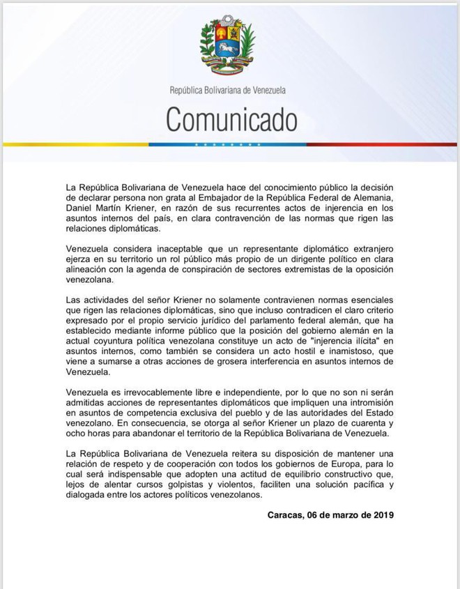 Caracas trục xuất đại sứ Đức vì can thiệp vào nội bộ quốc gia Venezuela - Ảnh 1.