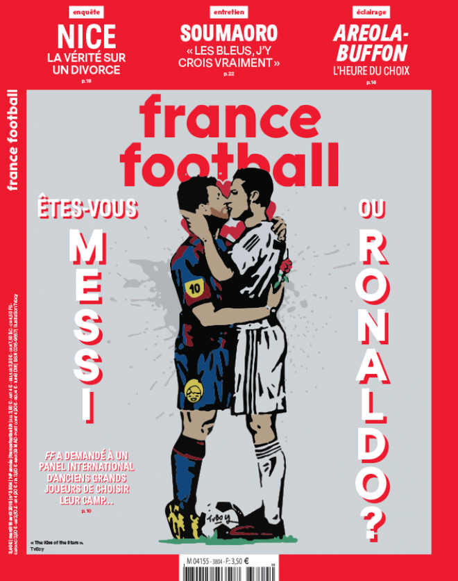 Tạp chí thể thao hàng đầu nước Pháp đăng tranh vẽ Messi hôn Ronaldo - Ảnh 1.