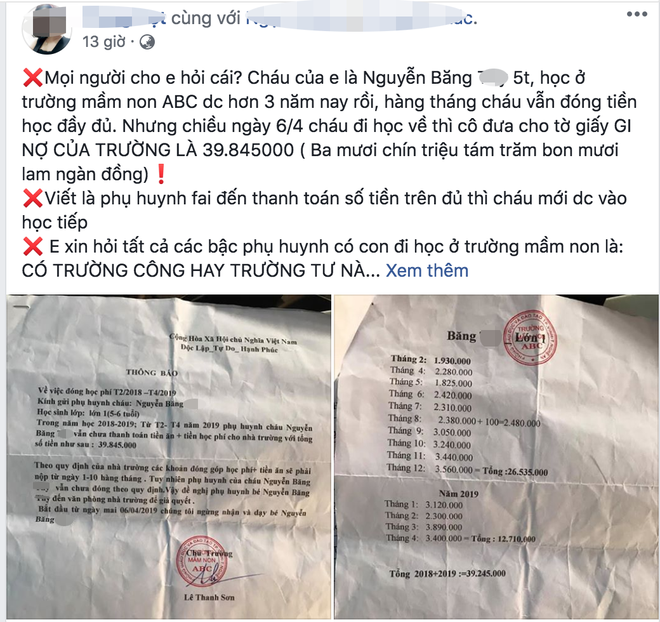 Xôn xao thông tin bé 5 tuổi bị trường mầm non đuổi học vì nợ gần 40 triệu tiền học phí - Ảnh 2.