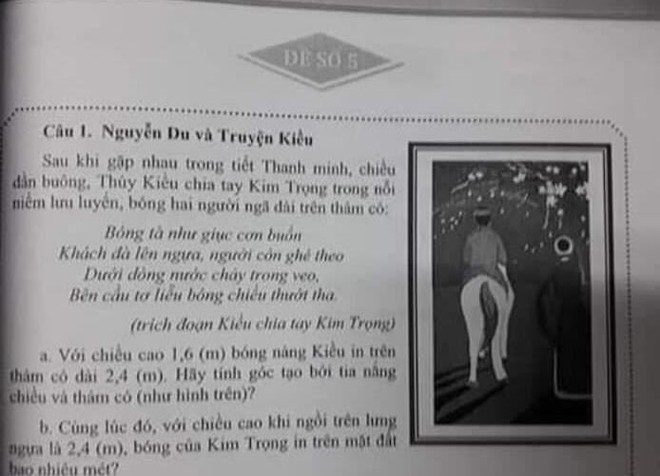 Truyện Kiều vào đề toán, học sinh phải tính bóng của Kim Trọng in trên mặt đất - Ảnh 1.