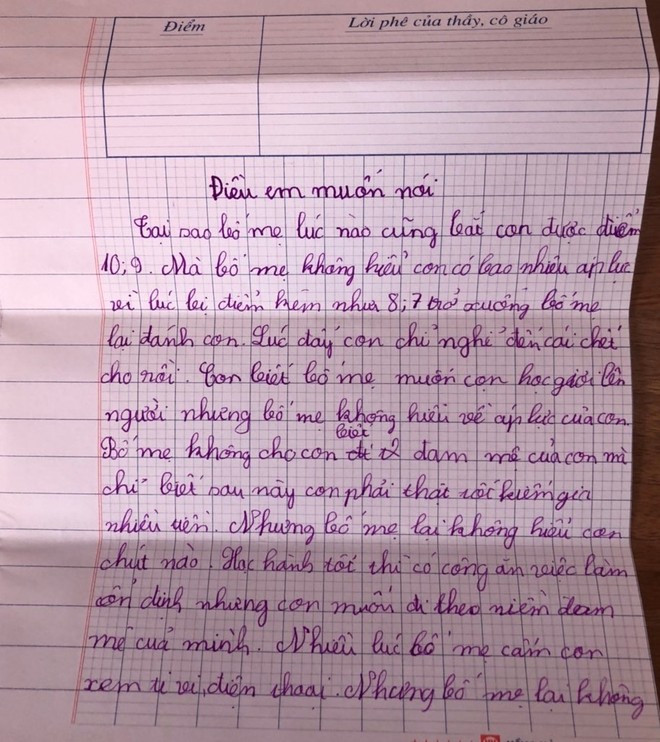 Cậu bé lớp 4 viết thư phản đối áp lực điểm 10 khiến cha mẹ lặng người - Ảnh 1.