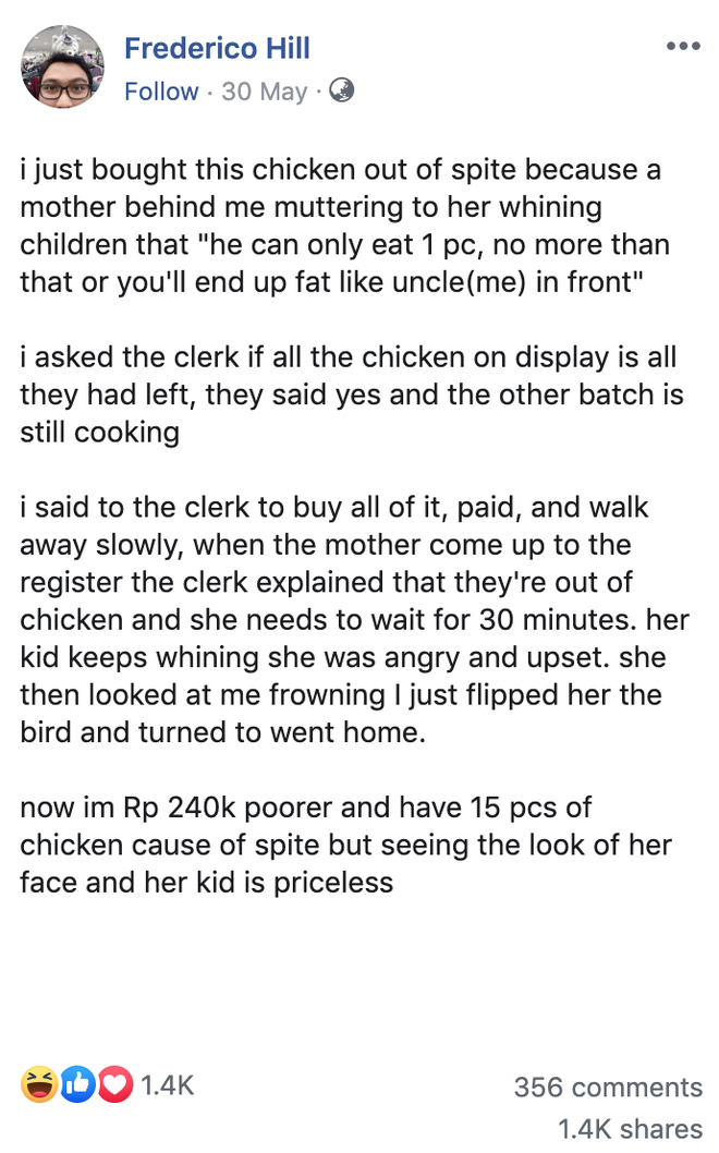 Bị chê là ông chú béo khi đang xếp hàng mua gà rán, phản ứng cực gắt của người đàn ông đã khiến bà mẹ vô duyên tức nổ mắt - Ảnh 1.