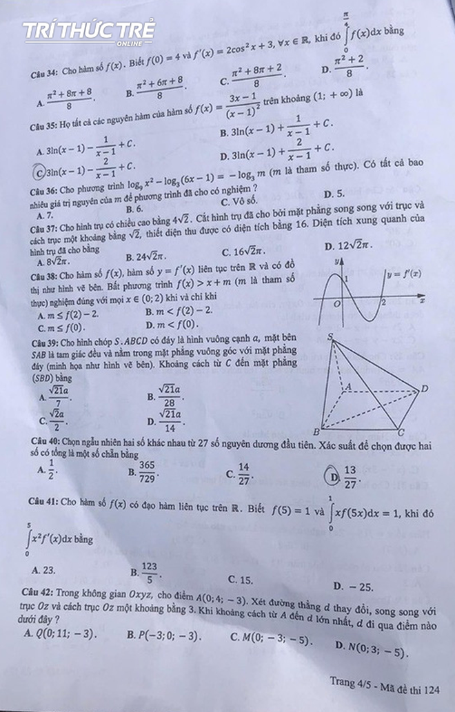 Cập nhật đáp án thi môn Toán THPT Quốc gia 2019 tất cả các mã đề - Ảnh 16.