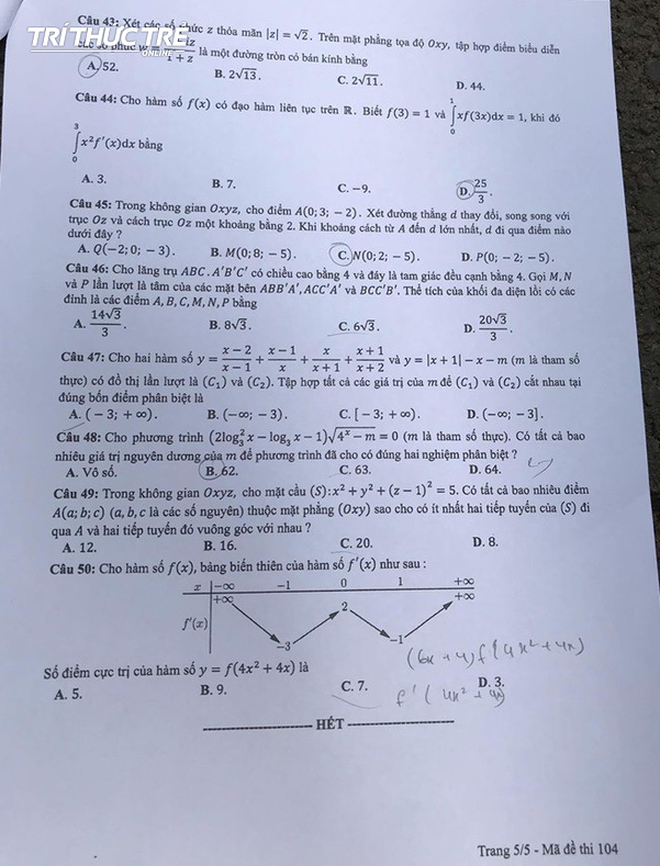 Cập nhật đáp án thi môn Toán THPT Quốc gia 2019 tất cả các mã đề - Ảnh 22.
