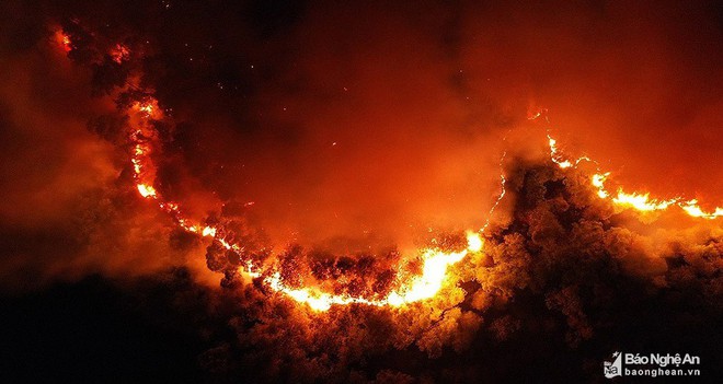 Đám cháy đỏ trời nhìn từ trên cao, hai tỉnh Nghệ An và Hà Tĩnh cùng tham gia dập lửa - Ảnh 1.