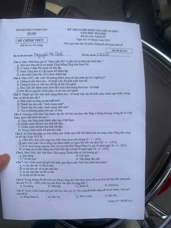 Đáp án đề thi môn Lịch sử lớp 10 tại Hà Nội năm 2019 - Ảnh 6.