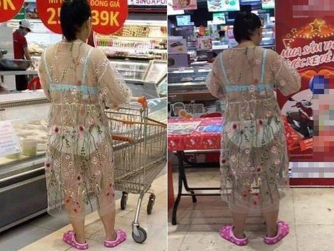 Giữa siêu thị lớn ở Hà Nội, người phụ nữ mặc chiếc váy xuyên thấu mỏng hơn giấy, lộ hết nội y phản cảm - Ảnh 1.
