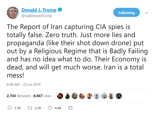 Iran tuyên án tử cho các điệp viên CIA vì tiền phản quốc, TT Trump lên Twitter trút giận? - Ảnh 1.