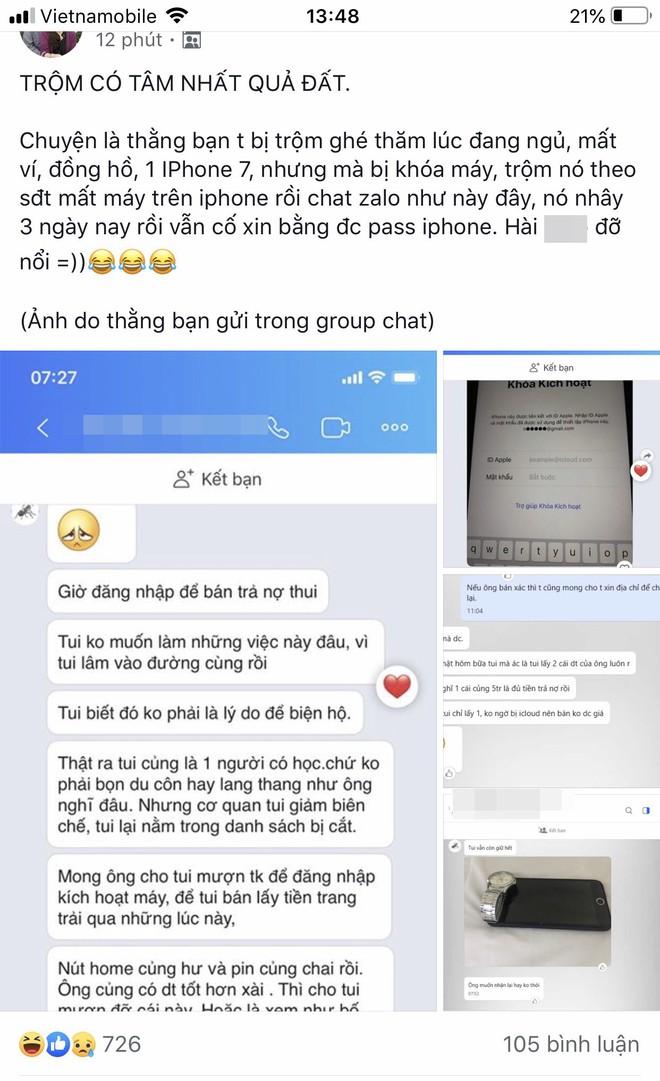 Tên trộm nhắn tin cho chủ điện thoại xin mật khẩu icloud để bán máy được giá, khi nào có tiền sẽ trả lại ân tình - Ảnh 1.