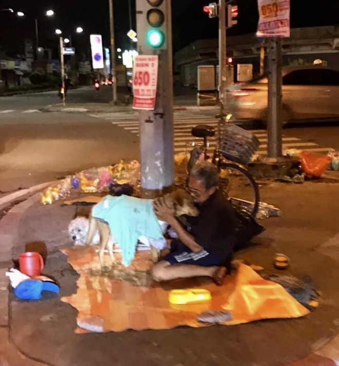 Hình ảnh cay mắt ở góc phố Sài Gòn: Cụ ông vô gia cư nhường áo, bón từng thìa thức ăn cho 2 con chó bị bỏ rơi - Ảnh 2.