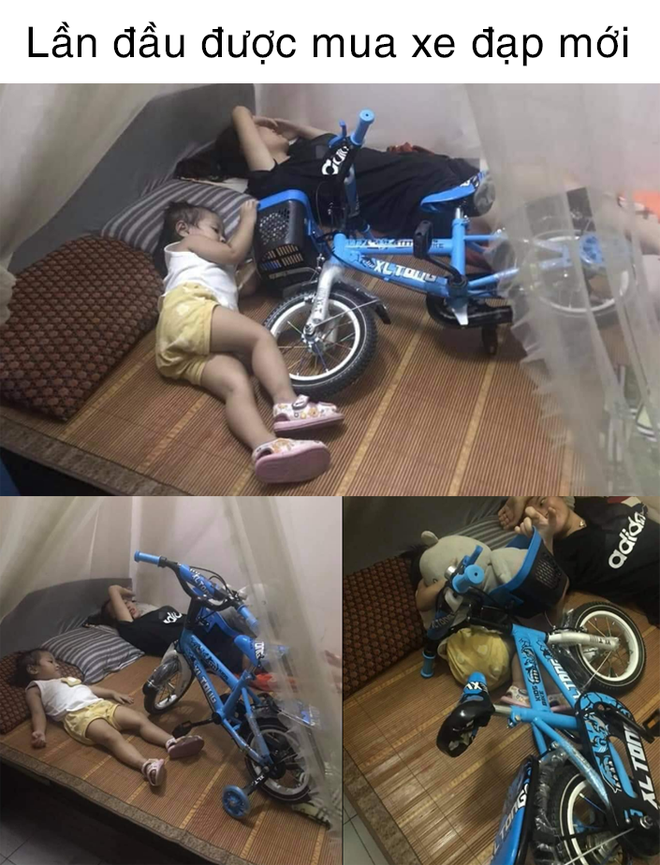 Được mua xe đạp mới, em bé xách lên giường ngủ cùng, tay vẫn nắm khư khư dù đang nằm - Ảnh 1.