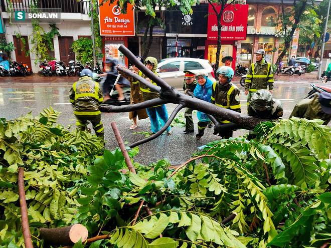 [Ảnh] Người dân, công an đội mưa dọn hàng loạt cây xanh bật gốc trên phố Hà Nội sau cơn bão số 3 - Ảnh 9.
