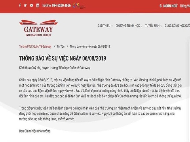 Trường Gateway tạm đình chỉ nhân sự sau vụ bé lớp 1 tử vong - Ảnh 2.