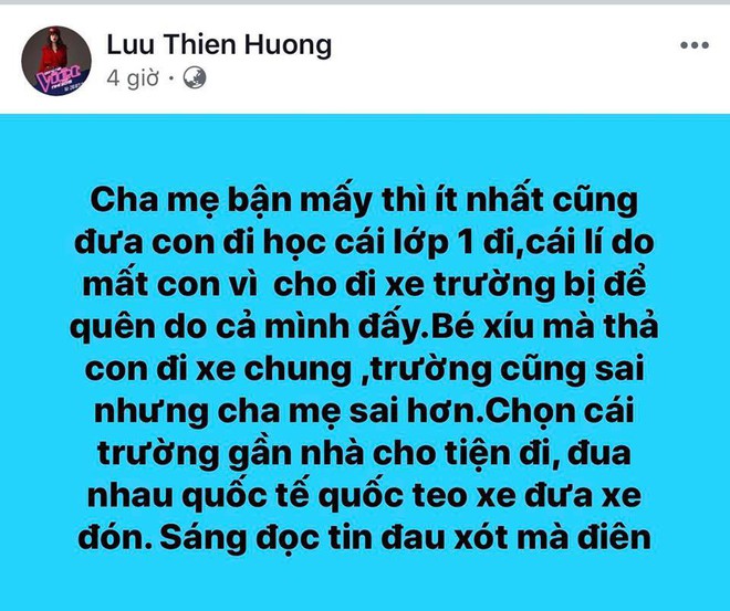 Lưu Thiên Hương gây tranh cãi khi trách bố mẹ bé 6 tuổi tử vong trên xe đưa đón - Ảnh 2.