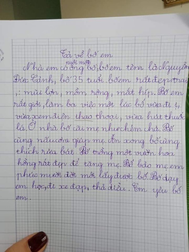 Bài văn của cô bé tiểu học: Nhà có nuôi một ông bố mồm rộng, mắt híp, cãi mẹ như chém chả - Ảnh 2.