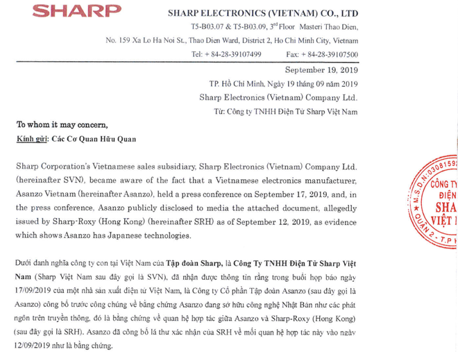 Sharp Việt Nam tuyên bố bằng chứng Asanzo công bố trong họp báo là giả mạo - Ảnh 1.