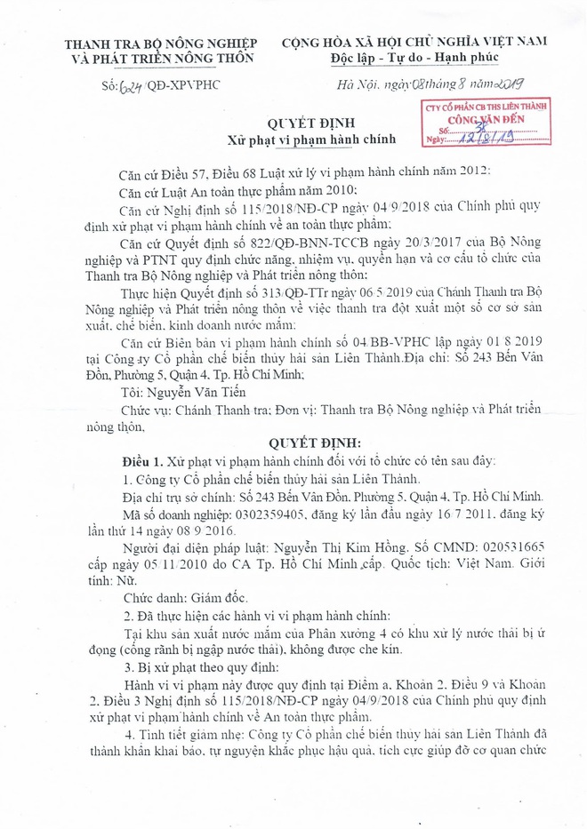 Chánh Thanh tra Bộ NN&PTNT: Cty Liên Thành không dùng Soda công nghiệp sản xuất nước mắm - Ảnh 1.