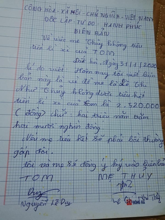 Sợ mẹ tiêu 2,5 triệu tiền mừng tuổi, cậu bé làm biên bản cam kết với đủ người làm chứng kí tên - Ảnh 1.