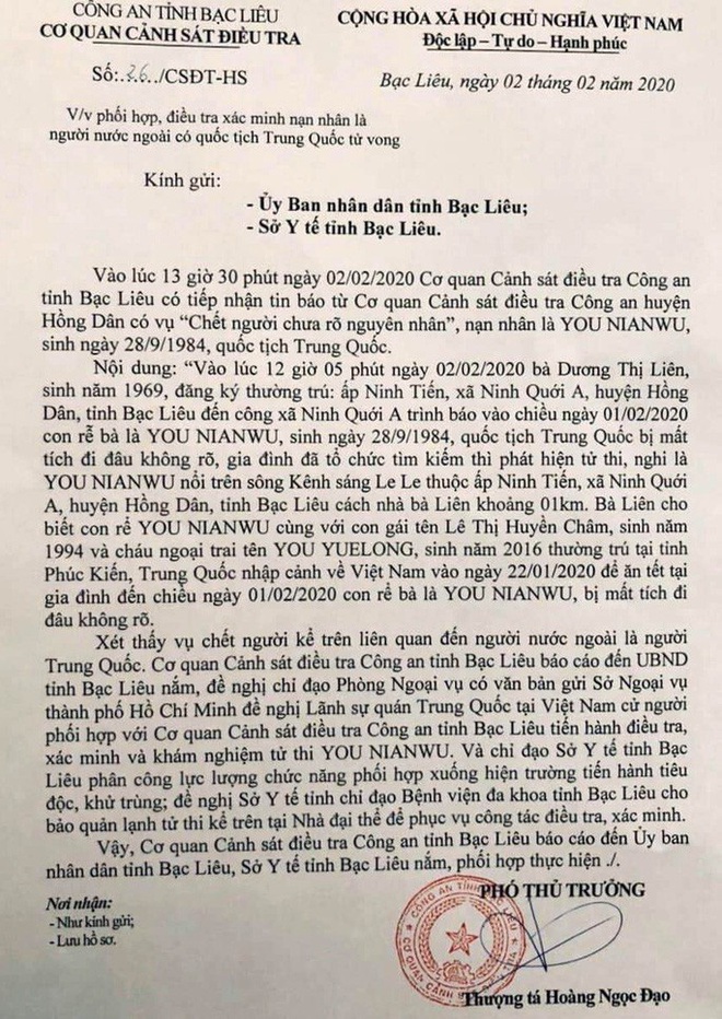 Phát hiện thi thể người đàn ông Trung Quốc chết ở Bạc Liêu - Ảnh 1.