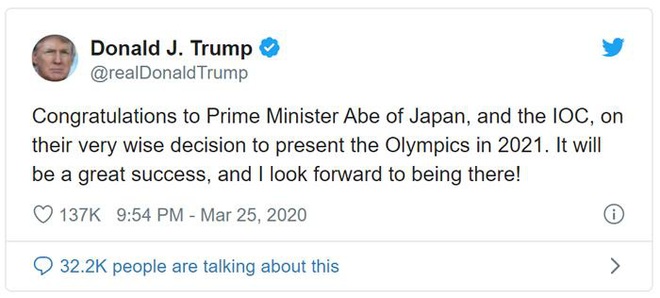 Tổng thống Donald Trump chúc mừng Nhật Bản và IOC hoãn Olympic - Ảnh 1.