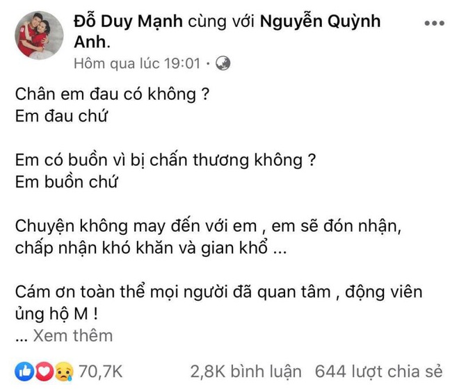 Duy Mạnh trấn an người hâm mộ: Chuyện không may đến, em chấp nhận gian khổ - Ảnh 1.