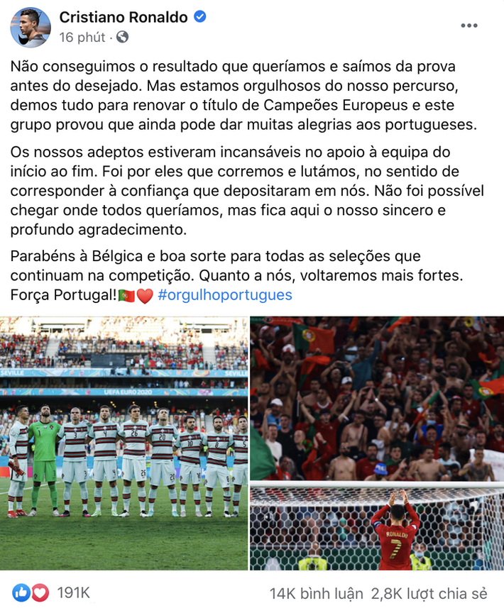 Ronaldo chính thức lên tiếng sau khi bị loại khỏi Euro 2020 - Ảnh 1.