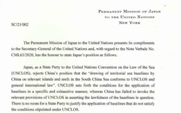 Nhật Bản gửi công hàm lên LHQ phản đối yêu sách của Trung Quốc ở Biển Đông