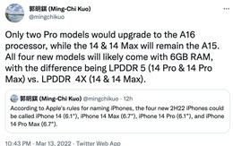 "Ông đồng" Ming-Chi Kuo: Chỉ có iPhone 14 Pro và 14 Pro Max được trang bị chip A16