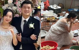 Vợ Hà Đức Chinh lộ ảnh mặc váy cô dâu “đối mặt” với đống chén bát sau đám cưới: Thêm 1 khoảnh khắc để đời rồi!